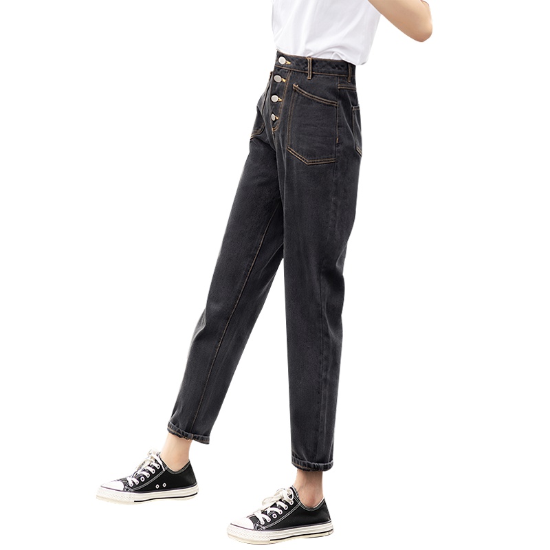 丝柏舍2019长裤女秋装潮宽松单排扣高腰小脚牛仔裤S93T4597K