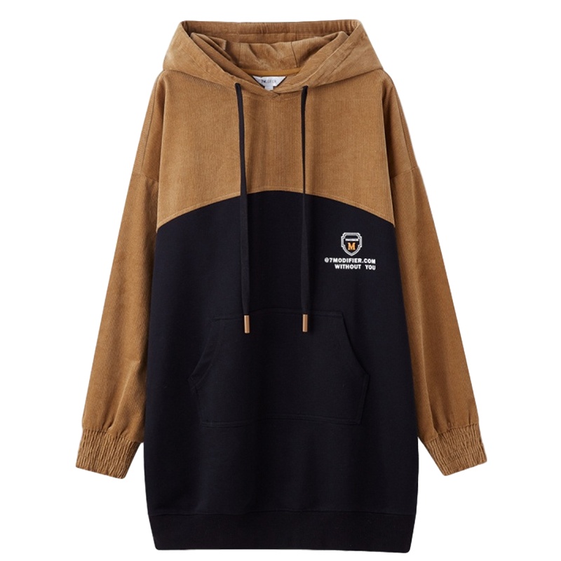 拉夏贝尔宽松学生连帽系带长袖拼接中长款卫衣连衣裙