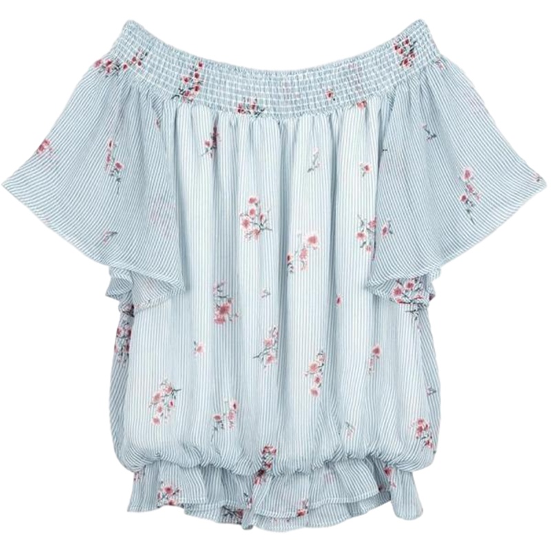 【专柜同款】拉夏贝尔雪纺衫女2020新款夏季韩版小清新一字肩上衣甜美碎花温柔七分花瓣袖30_939 S 印花混色