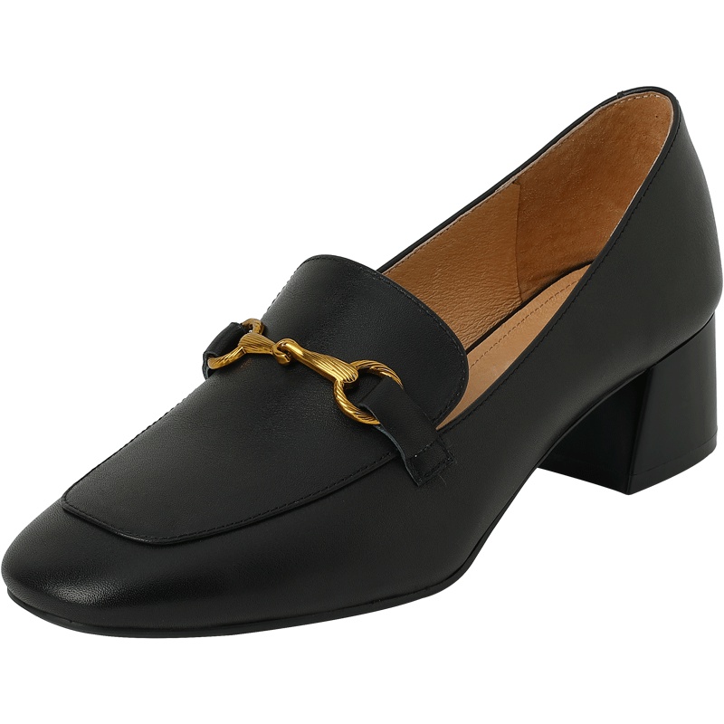 百田森新款黑色乐福鞋女方头中跟粗跟皮鞋英伦风真皮女鞋