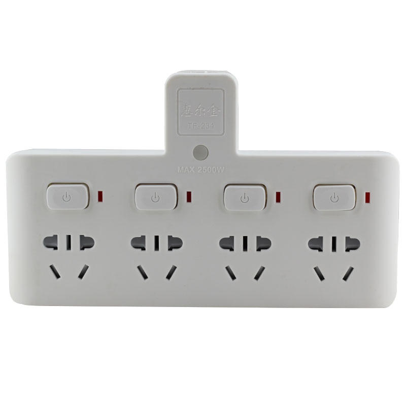 惠尔金TF-234灯一转四位新国标带小夜灯带儿童保护门大孔间距分控开关插座转换插头接线板插排排插 白色0