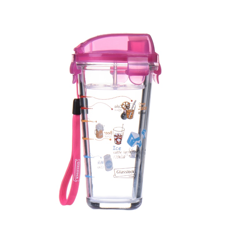 三光云彩(GLASSLOCK)韩国进口加厚玻璃水杯可爱卡通茶杯带刻度杯带绳红色PC318 450ml玻璃水杯