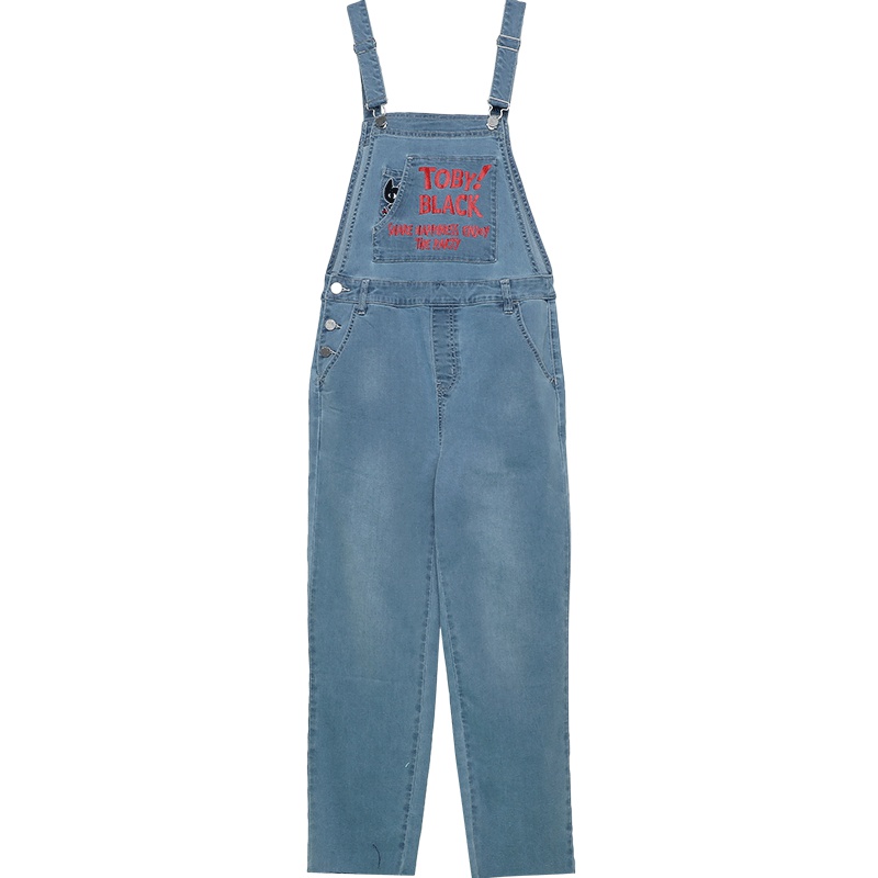 a02新款韩版减龄字母印花背带裤女高腰宽松牛仔裤女DTU2D0611PN