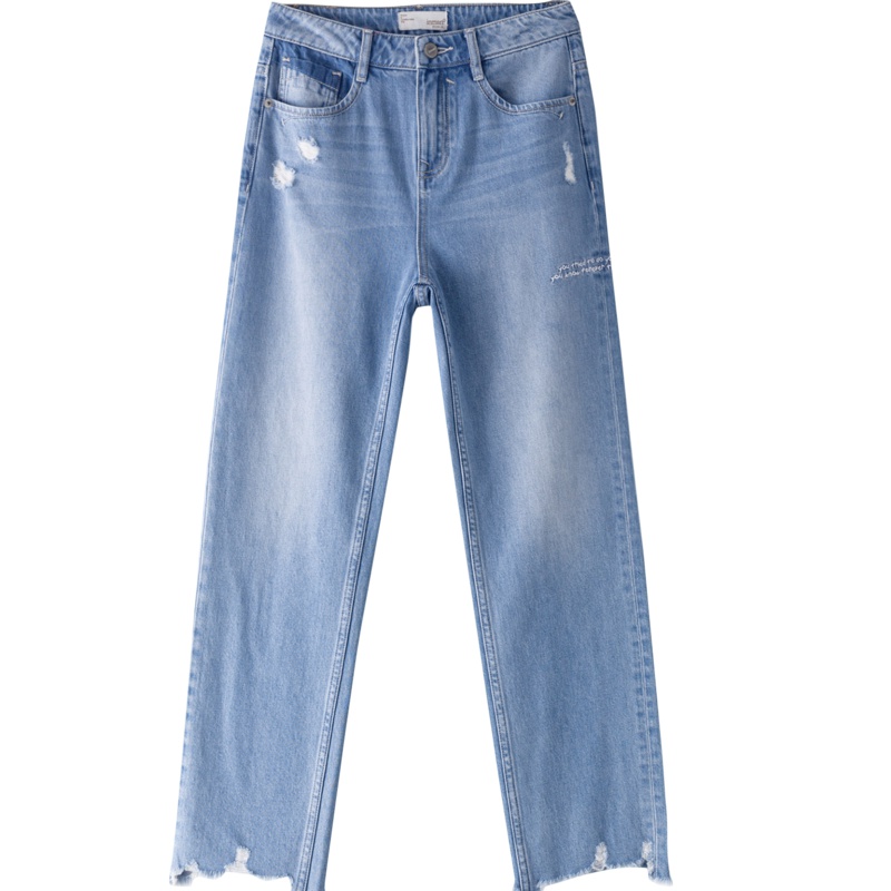 茵曼2019夏装新款纯棉简约中腰个性破洞洗水磨边小脚修身牛仔裤女