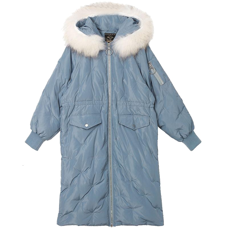 新款拉夏贝尔毛领羽绒服女冬季新款韩版宽松大衣时尚拉链过膝保暖中长30084281