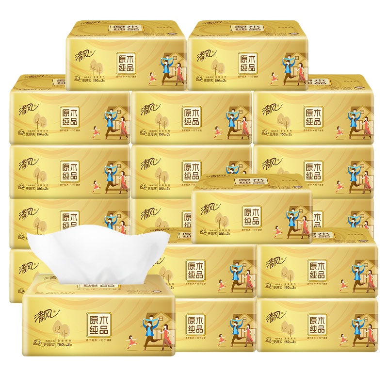 清风 抽纸 原木纯品金装系列 3层150抽24包 面巾纸 24包/箱 单箱装