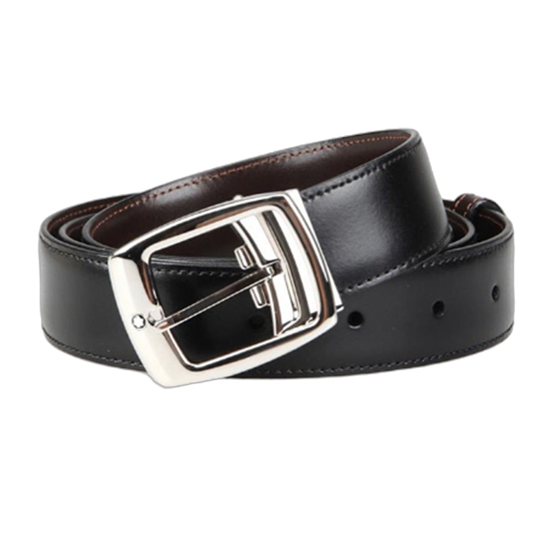 [直营]万宝龙(Montblanc) 男士黑色/棕色双面经典白星logo镀钯方形针扣牛皮皮带腰带