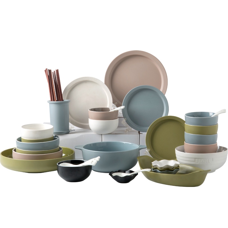 亿嘉IJARL 日式陶瓷创意餐具套装碗盘饭碗餐碗碟碗筷套装家用组合 曼哈顿46件套