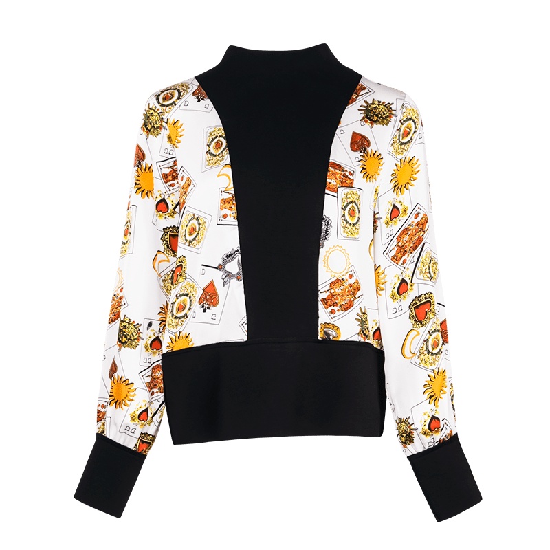 晚白2019秋季新品时尚通勤百搭个性休闲宽松印花立领上衣打底衫女