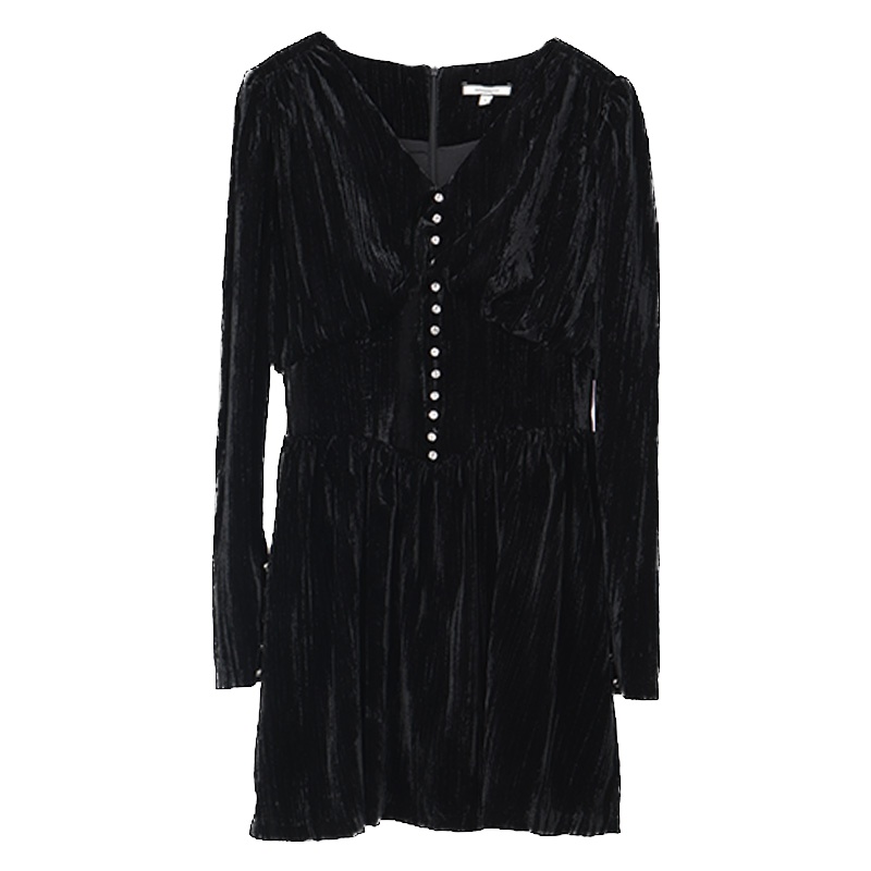 ENJOY'ME女装2019冬季新品优雅小性感V领压纹丝绒连衣裙小黑裙