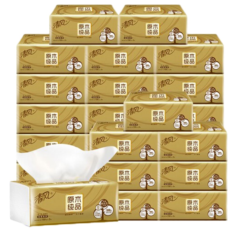 清风 风抽纸 原木纯品金装系列 3层130抽软抽24包纸巾