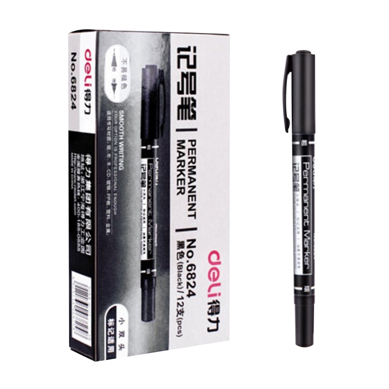 得力6824记号笔小号双头粗细油性 美术勾线笔CD光盘笔标记笔记号笔书写工具12支装黑色