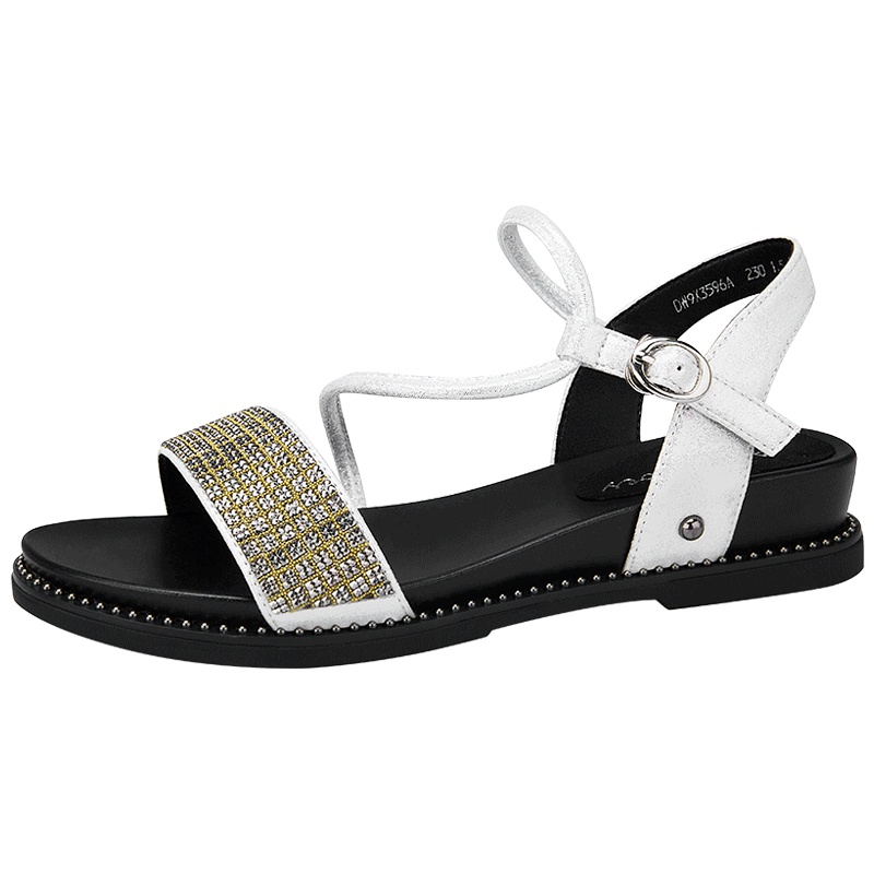 阿么凉鞋女露趾夏季时尚百搭韩版网红水钻超火一字带平底鞋潮