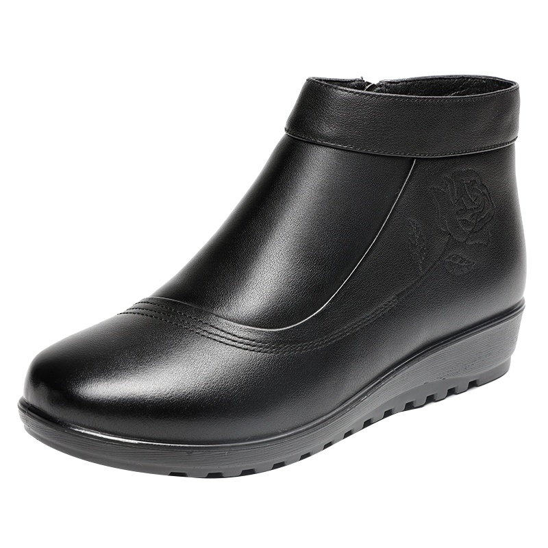 蜻蜓真皮妈妈鞋舒适休闲短靴加绒保暖中老年防滑高帮奶奶棉皮鞋