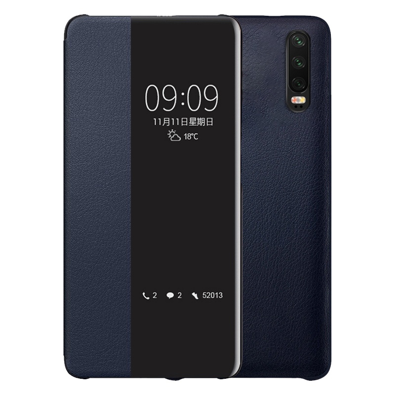 送钢化膜]溪特 华为p30手机壳抗爆防摔皮质保护壳(6.1英寸)原装免翻盖式手机保护套商务视窗智能休眠皮套黑色