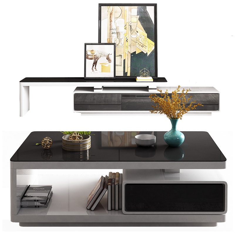掌上明珠现代轻奢茶几可伸缩电视柜组合黑白钢琴烤漆
