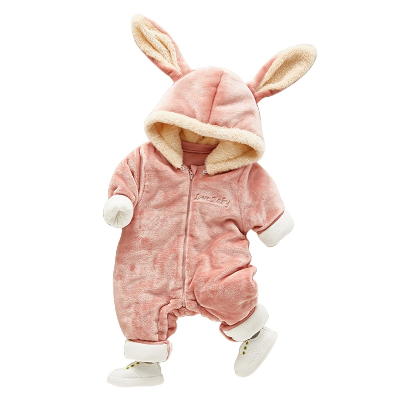 优简(BEST JANE) 秋冬宝宝法兰绒加厚连体衣婴儿可爱兔耳朵保暖爬服哈衣0-2岁儿童棉服外出服