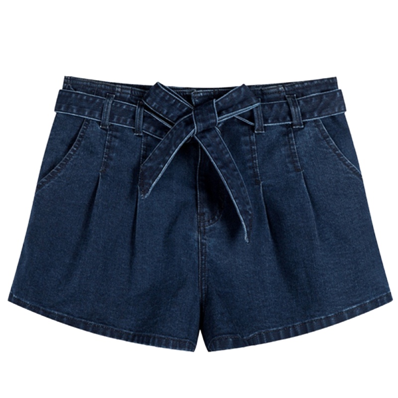 【专柜同款】拉夏贝尔夏季高腰韩版显瘦褶皱蝴蝶结腰带阔腿女牛仔短裤10015846