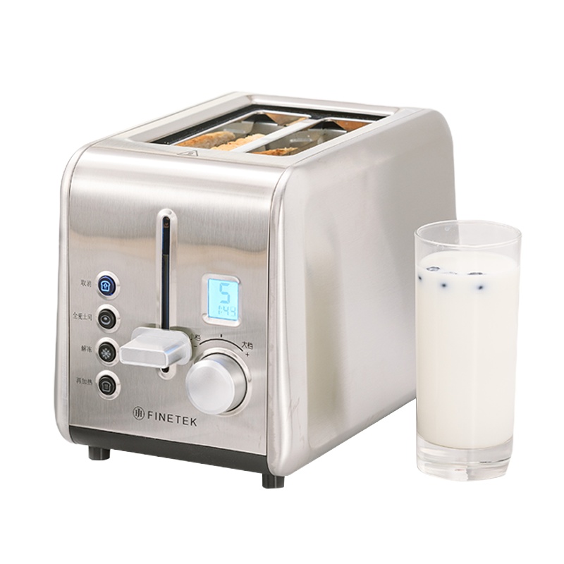 FINETEK 家用多功能烤面包机2片不锈钢多士炉全自动吐司机面包机 带显示屏 银色