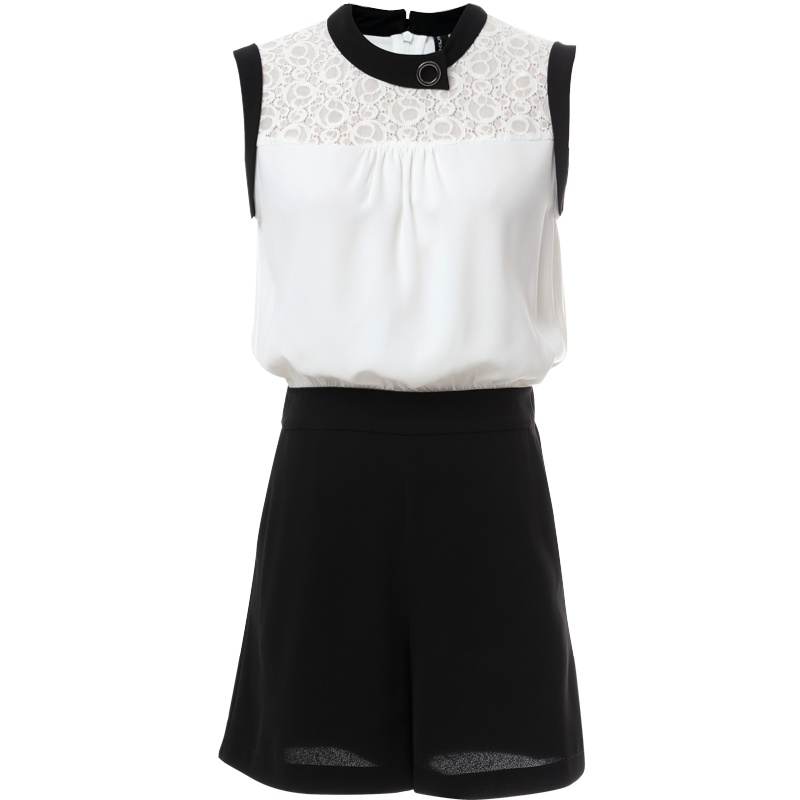 欧昵雪 夏圆领无袖黑白拼接蕾丝休闲阔腿裤连体裤女短裤X
