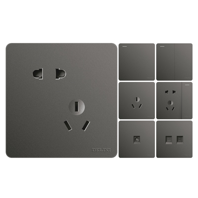 德力西开关插座 家用暗装灰黑色16A空调三孔一开双控电脑五孔插座
