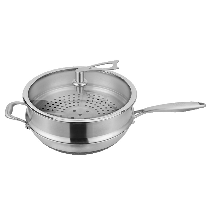 爱自由304不锈钢炒锅有油烟不粘锅家用无涂层带蒸笼炒菜锅电磁炉通用32cm