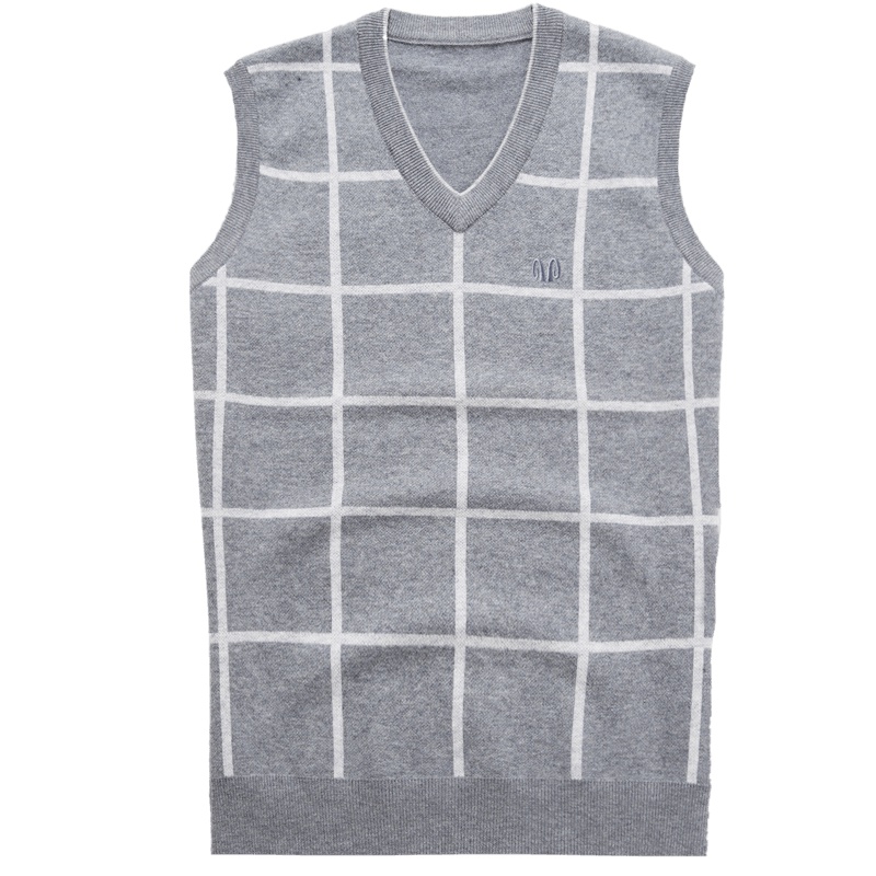 恒源祥男士純羊毛衫秋冬款v领格子背心商务休闲男士毛衣针织衫