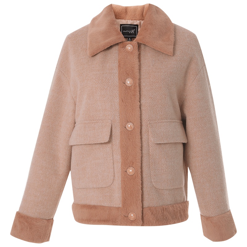 欧昵雪冬装仿貂毛翻领显瘦短款毛呢外套女夹棉保暖夹克