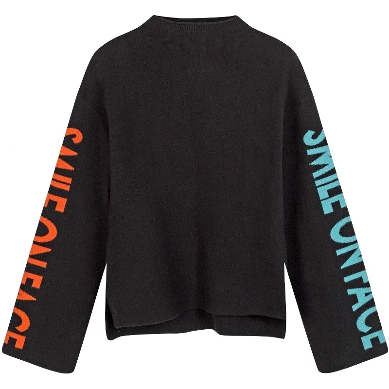 拉贝缇秋季毛衣女新款喇叭袖针织衫上衣韩版黑色宽松长袖60006035