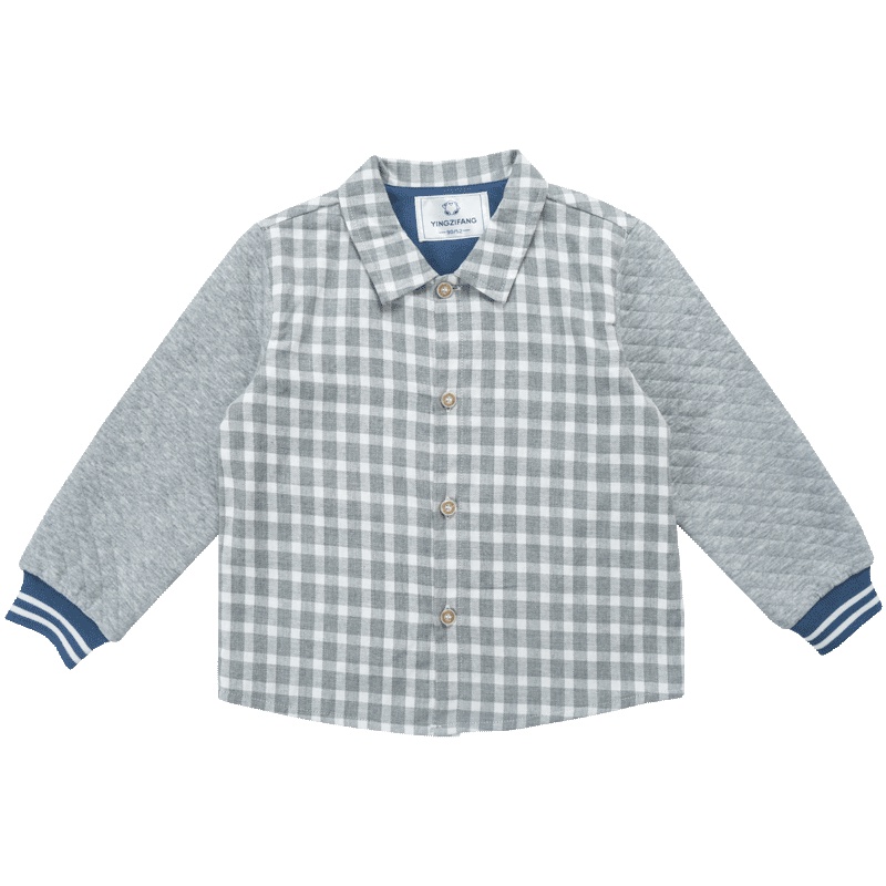 婴姿坊男童双层格仔拼接衬衣春秋款儿童百搭休闲上衣单件