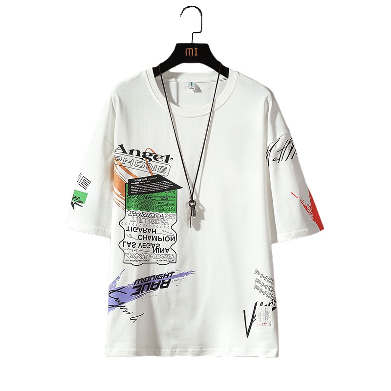2021夏季潮牌涂鸦短袖T恤男潮流嘻哈青年宽松圆领五分袖体恤国潮短T