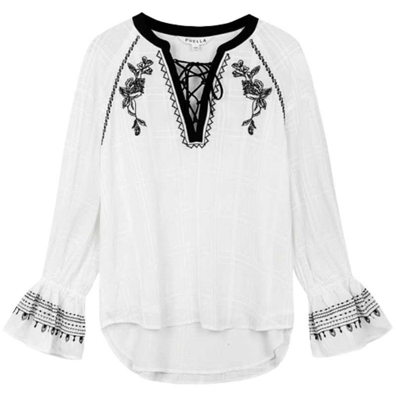 【专柜同款】拉夏贝尔v领绑带衬衫女装民族风刺绣宽松喇叭袖衬衣20011640