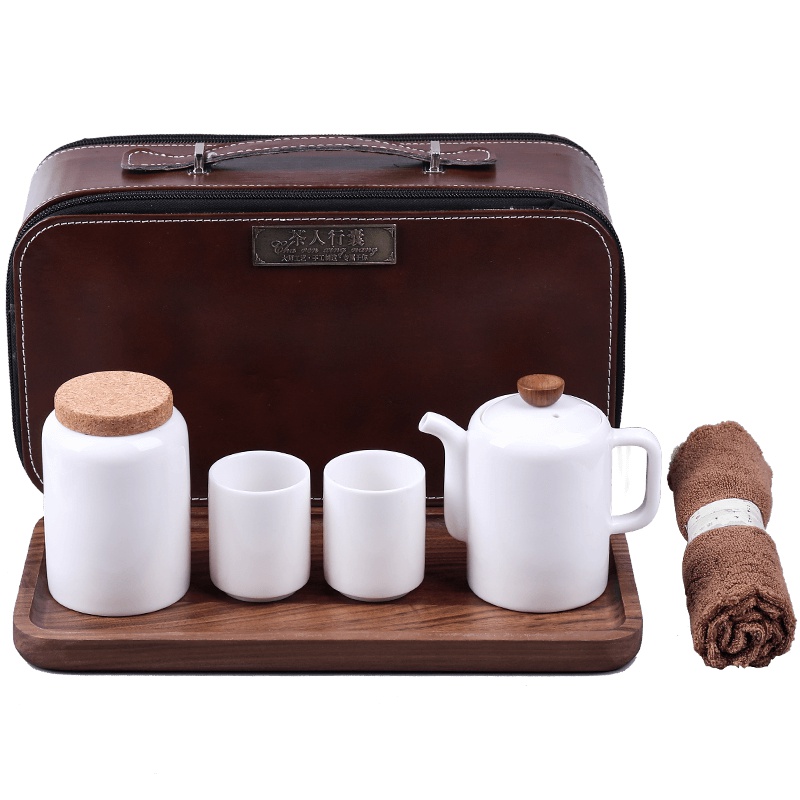博为 白瓷茶具套装实木茶盘功夫茶具简约德化玉瓷泡茶壶茶杯 润系列长方旅行套组7头