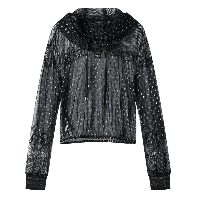 马克华菲女装2019春新抽绳波点连帽吊带网纱雪纺衫两件套