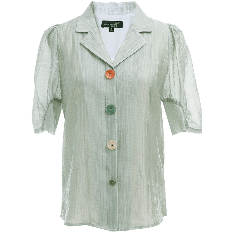 欧昵雪夏季气质翻领泡泡肩短袖衬衫女设计感小众显瘦上衣