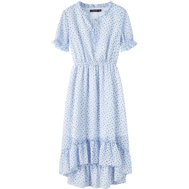 拉夏贝尔新款女装夏季雪纺碎花连衣裙收腰短袖法式中长款裙子