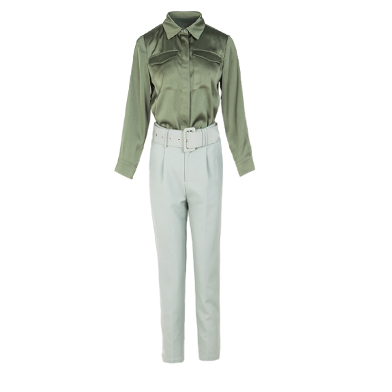 晚白2021春新品通勤两件套翻领长袖衬衫高腰西裤休闲裤时尚套装女