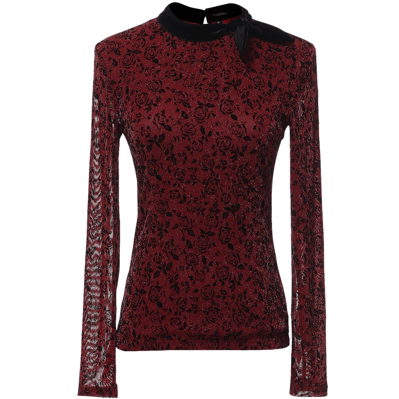 欧昵雪秋季立领蝴蝶结玫瑰印花网眼针织衫女修身打底上衣