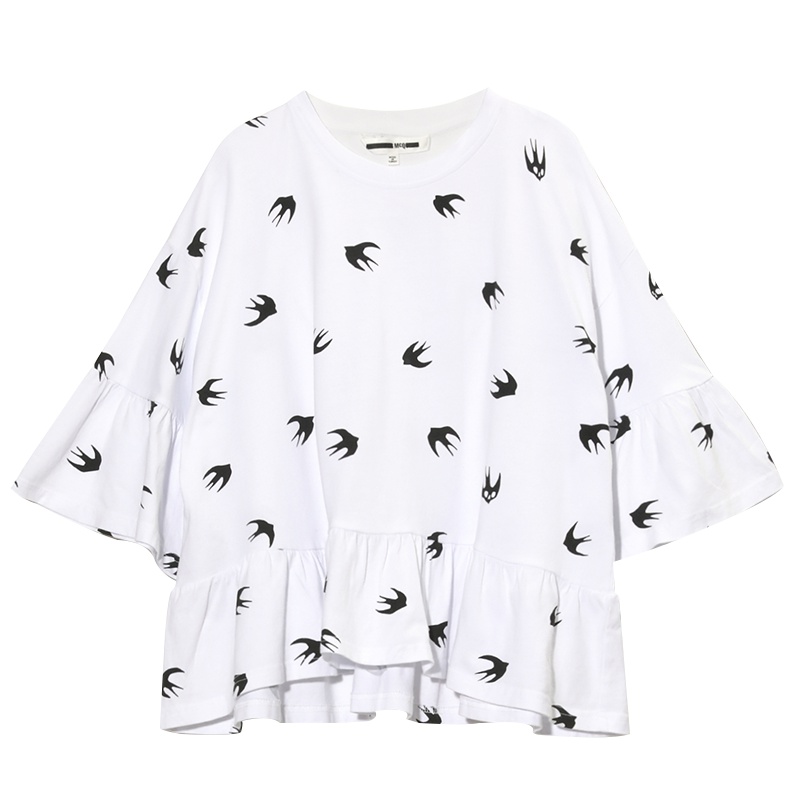 MCQ ALEXANDER MCQUEEN亚历山大麦昆 女士圆领棉荷叶边短袖T恤