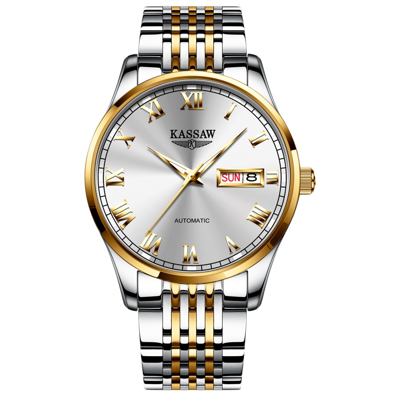 卡梭(KASSAW)手表男自动机械表日历星期双显示学生商务时尚简约超薄钢带防水男表K956G
