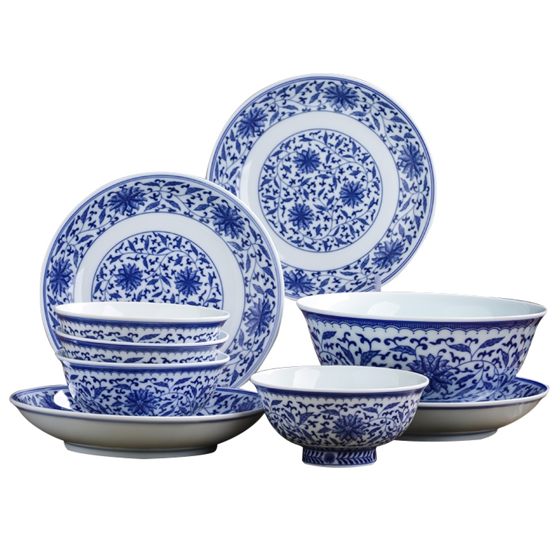 LICHEN 景德镇陶瓷餐具手工缠枝莲釉下彩青花瓷碗盘碟子套装仿古中式 29头 普通包装