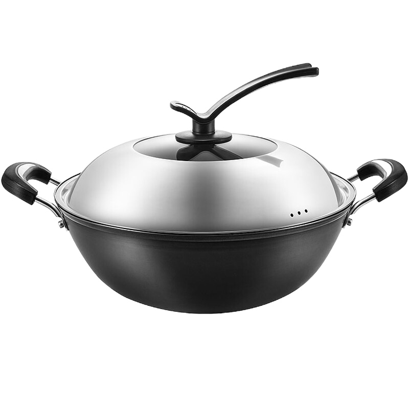 双耳 铸铁炒锅30cm+不锈钢盖+蒸笼