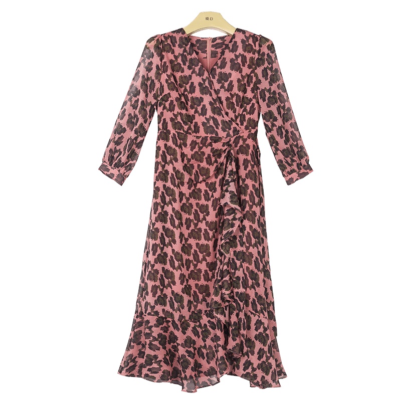 晚白2020秋季新品时尚豹纹印花V领修身高腰荷叶边雪纺裙连衣裙女