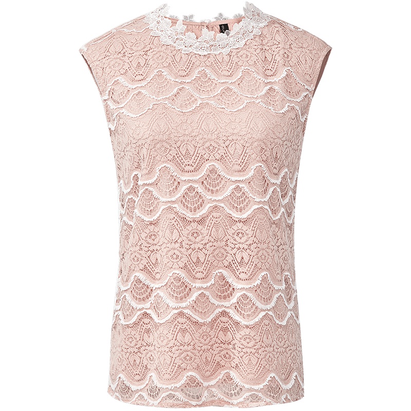 欧昵雪夏季韩版花边圆领套头勾花蕾丝衫女气质无袖上衣