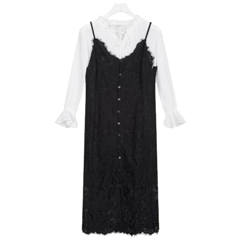 【热卖】女式春季新款小清新上衣配蕾丝连衣裙雪纺衬衫两件套时髦套装60006386