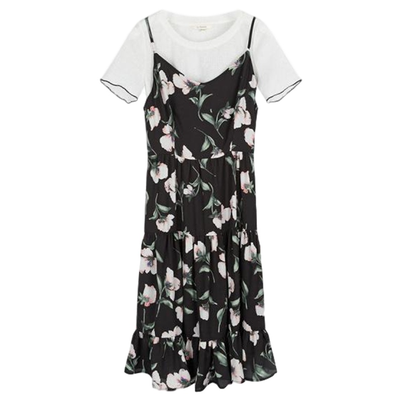 拉夏贝尔夏季新款圆领短袖T恤吊带中长款荷叶边连衣裙套装