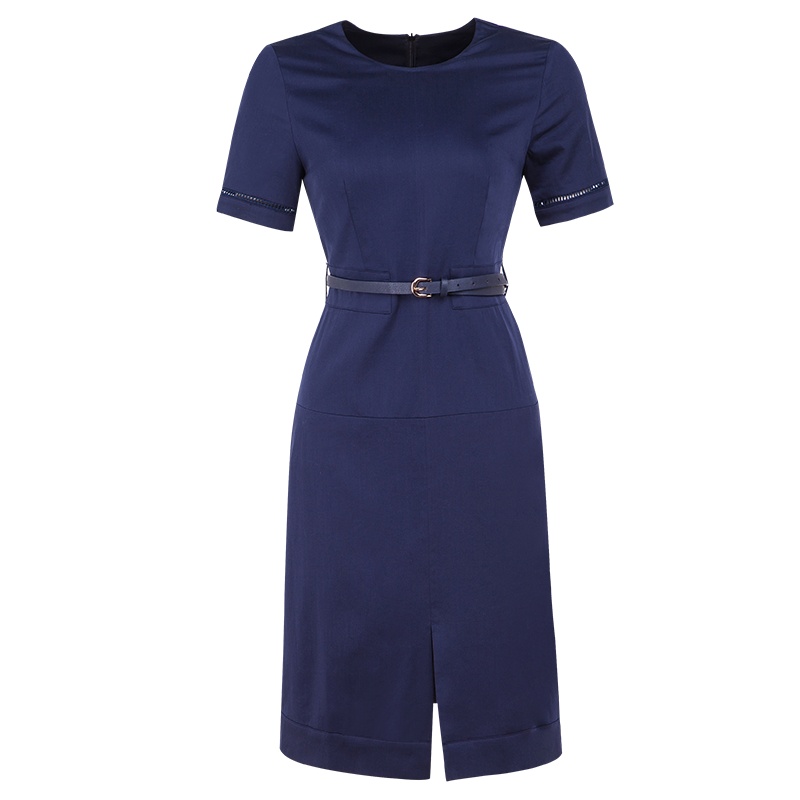 晚白新品时尚优雅纯色圆领收腰中长款包臀裙一步连衣裙女