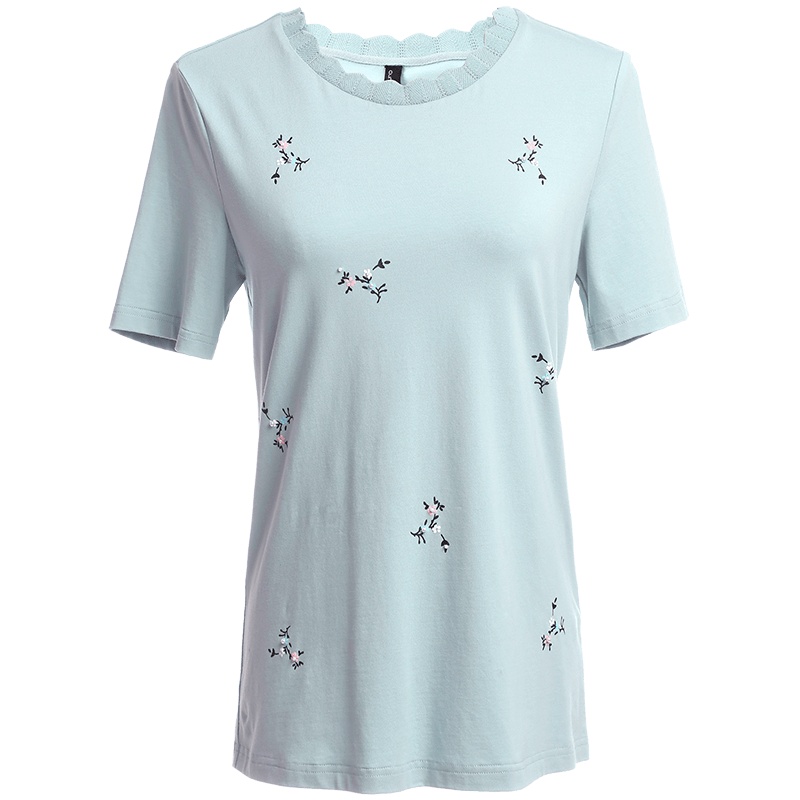 欧昵雪韩版波浪边圆领钉珠印花莫代尔棉T恤女上衣