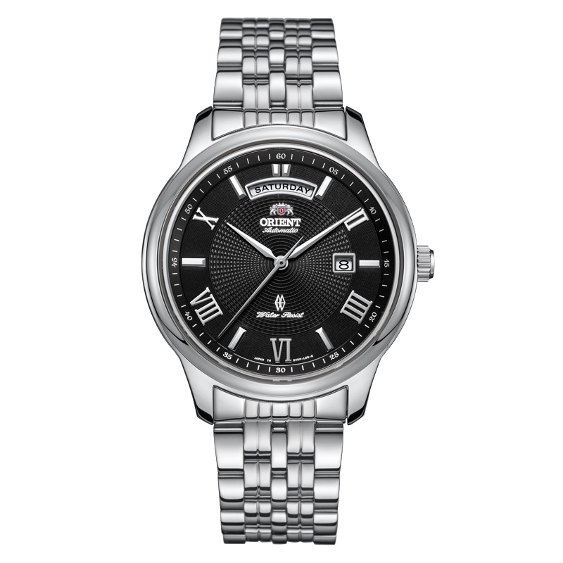 东方双狮 ORIENT男士手表 全自动男士双日历背透50米防水蓝宝石镜面机械男表情侣对表 全钢黑盘 SEV0P002BH
