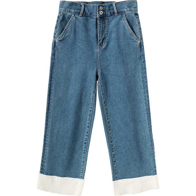 Semir森马阔腿裤女冬季加厚显瘦毛毛裤牛仔裤宽松甜美仿羊羔毛显九分裤